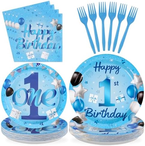 96Pcs Blue 1st Birthday Party Decorations for One Year Old, Serves 24 by Greencian