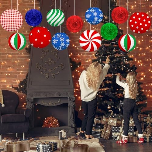 13PCS Christmas Decorations Ornaments Set – 9 Red Green Blue Hanging Paper Lanterns, 4 Pom Poms for Indoor, Home, Xmas Party, Porch Decor - Image 3