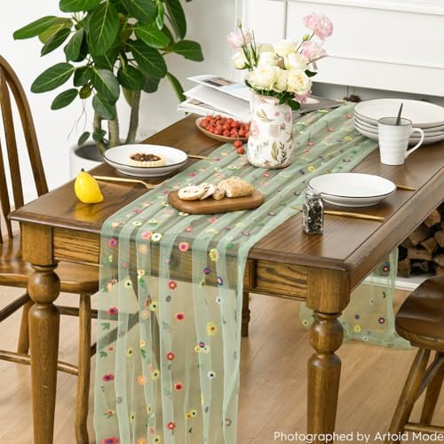 Artoid Mode 3PCS Sage Green Embroidery Daisy Gauze Table Runner 120 Inch - Image 3
