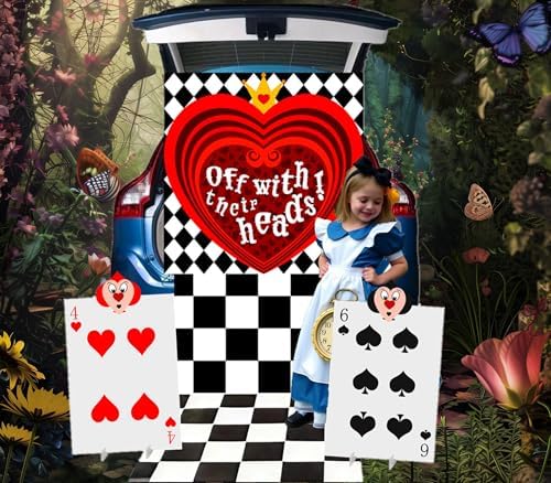 Alice Party Decorations,Trunk or Treat Car Decorations Kit for SUV ,Wonderland Backdrop&Queen of Hearts Solider Stand Cards for Themed Tea&Birthday Party Costume Kits (Red) by BRALEO