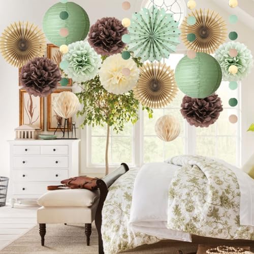 Sage Green and Brown Party Decorations Baby Shower Decorations Sage Green Beige Brown Tissue Paper Pom Poms Lanterns for Sage Green and Brown Birthday Bridal Shower Wedding Room Decor - Image 5