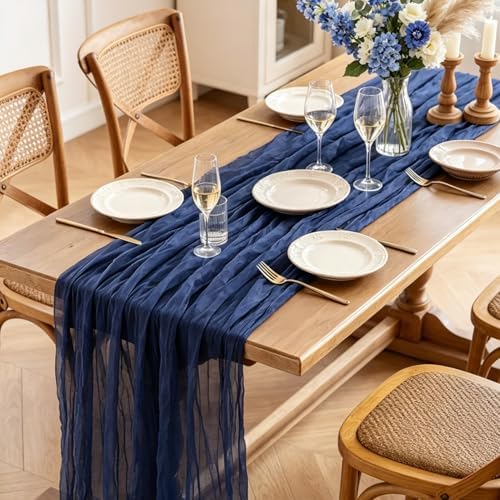 Navy Blue Table Runner, 10FT Rustic Gauze Blue Table Runner 35*120inch Boho Table Runners for Wedding Bridal Shower Birthday Baby Shower Table Centerpiece Decorations - Image 3
