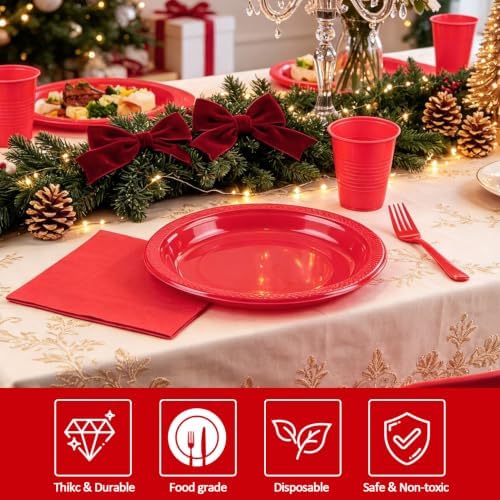 200pcs Red Plastic Plates for Party Disposable 9''Dinner Plates and Napkins - Image 4