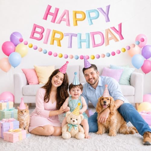 Kriyokiaa Pastel Rainbow Happy Birthday Banner Set with Party Hats - Image 2