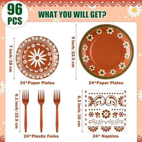 96Pcs Platos De Barro Mexicanos Cielito Lindo Terracotta Clay Party Plates Supplies Tableware Decorations Disposable Paper Plates Napkins Forks for Birthday Wedding Baby Shower, Serves 24 - Image 2