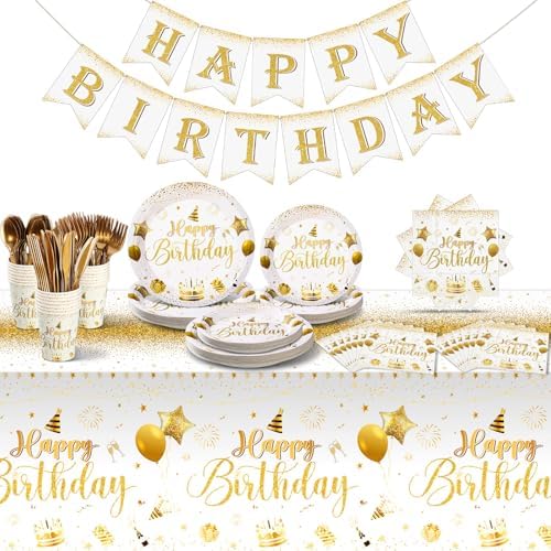 Vesici 171 Pcs Happy Birthday Party Supplies 24 Set Table, White, Gold by Vesici