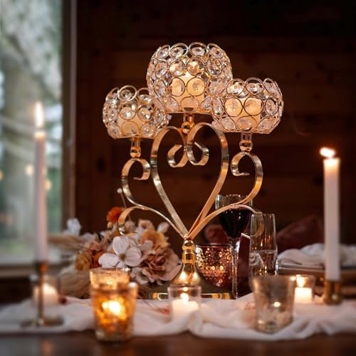6 Pcs Gold 3-Arm Heart Tea Light Candle Holder - Crystal & Metal Wedding Centerpiece Decor, Sparkling Table Decor for Anniversaries/Romantic Tabletop Home/Dinner Party/Events - Image 5