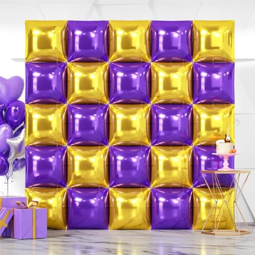 NISOCY 25PCS Purple and Gold Square Foil Balloons Wall Backdrop by NISOCY
