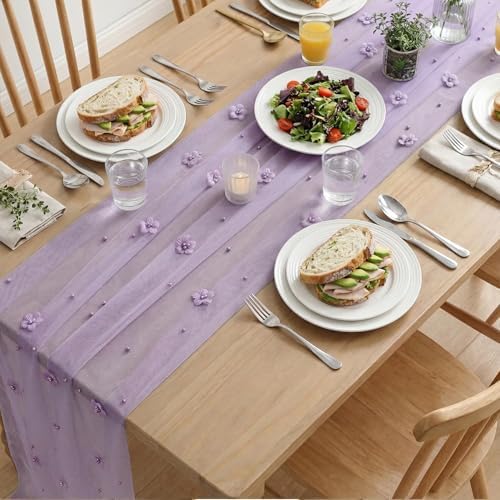 Artoid Mode Purple Flower Pearl Purple Gauze Table Runner 10FT, Seasonal Sheer Dining Holiday Wedding Birthday Baby Shower Table Decor for Home Party - Image 5