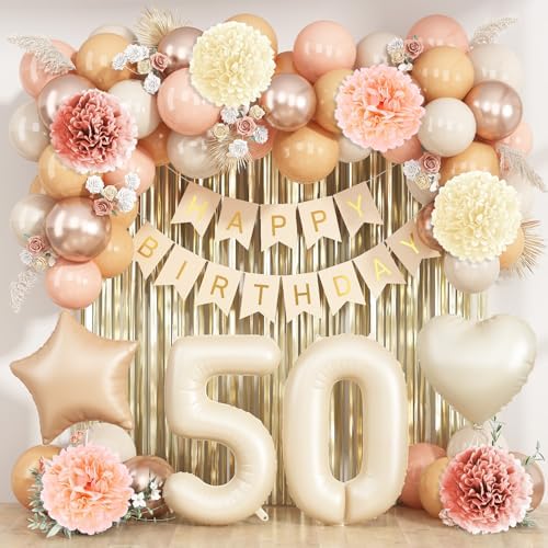 Beige Happy 50th Birthday Party Decoration Women Cream Number 50 Balloon by KAINSY