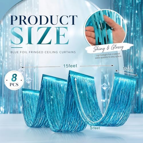Breling 8 Pcs Light Blue Ceiling Fringe Curtains, Foil Drapes, 15 ft - Image 2