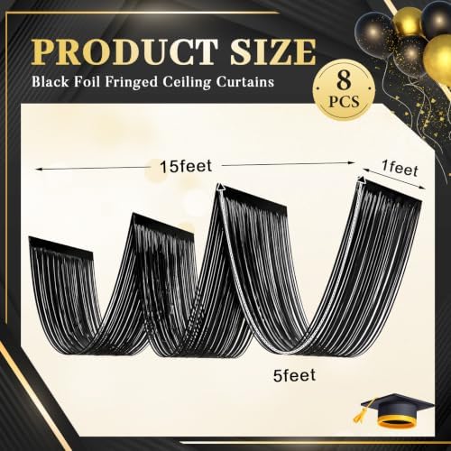 Breling 8 Pcs Black Ceiling Fringe Curtains, Metallic Foil Drapes, 15 ft - Image 2