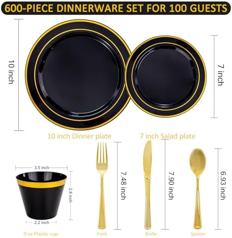 WELLIFE 600 PCS Black Gold Disposable Dinnerware Set for 100 Guests - Image 6