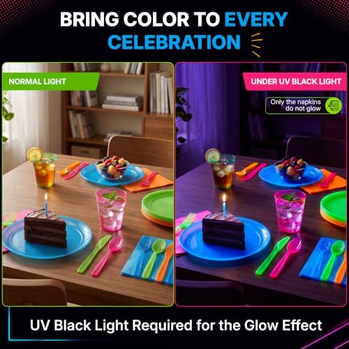 Kedudes Neon Glow Party Supplies, Serves 32 - Hard Plastic Disposable Party Neon Plates, Napkins, Neon Cups Tumblers, Cutlery - Forks, Knives, Spoons - Neon Party Decorations - Fiesta Party Supplies - Image 3