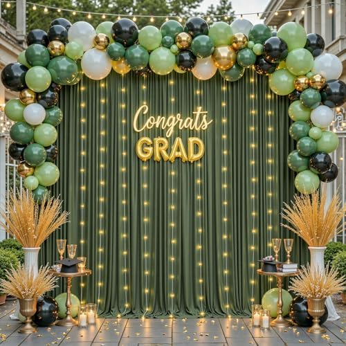 10 x 10ft Olive Green Backdrop Curtains with Lights String - Image 2