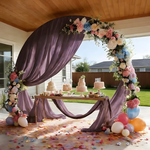 Plum Purple Wedding Arch Draping Fabric Sheer Curtain Drapes 2 Panels | 20 ft Extra Long Shimmery Backdrop Curtains for Wedding Anniversary Party Summer Outdoor Events Drapery Backgrounds - Image 3