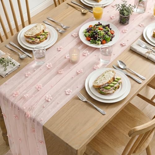 Artoid Mode Pink Flower Pearl Pink Gauze Table Runner 10FT, Seasonal Sheer Dining Holiday Wedding Birthday Baby Shower Table Decor for Home Party - Image 5