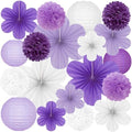 19 Pcs Purple Lilac-Lavender White Party Decorations, Hanging Paper Lanterns, Paper Flowers Fans, Tissue Pom Poms, Floral Backdrop Wall Decor for Birthday Graduation Bridal Shower Wedding Retirement by PreJoyStar