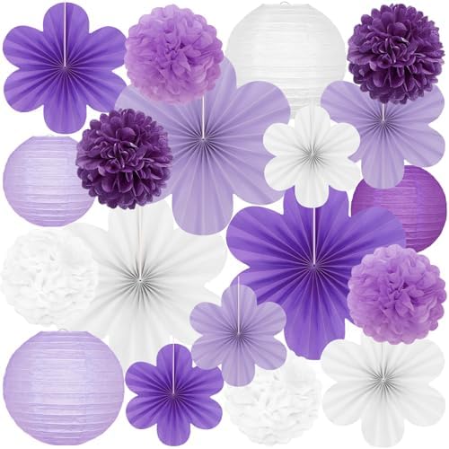 19 Pcs Purple Lilac-Lavender White Party Decorations, Hanging Paper Lanterns, Paper Flowers Fans, Tissue Pom Poms, Floral Backdrop Wall Decor for Birthday Graduation Bridal Shower Wedding Retirement by PreJoyStar