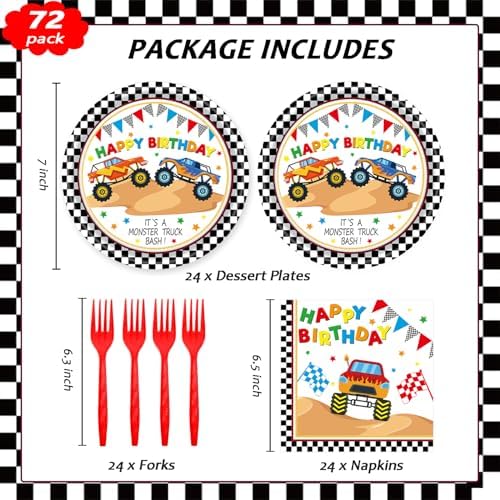 72Pcs Racing Car Party Plates and Napkins Monster Truck Birthday Party Supplies Disposable Checkered Race Tableware Set for Boys Birthday Wheel Sports Baby Shower Decorations Serves 24 - Image 2