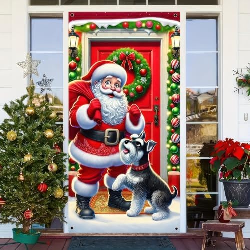 BlissYard Christmas Door Cover Santa Schnauzer 35x71 Inch Polyester - Image 2