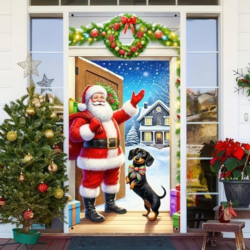 BlissYard Christmas Door Cover Santa Dachshund 70x35 Inch Polyester - Image 2