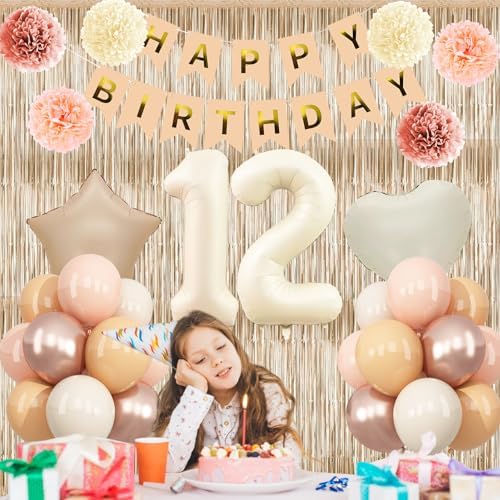 Beige Happy 12th Birthday Party Decoration Girls Cream Number 12 Balloon - Image 4