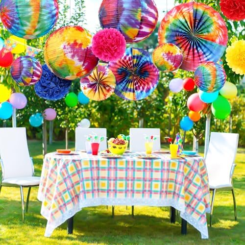 Hortsun 16 Pcs Tie Dyed Party Decorations Include 6 Pcs 12 "and 6" Groovy Hippie Hanging Paper Lanterns,6 Paper Fans -3 Size and 4 Flowers,60s Party Ceiling Wall Decor Chinese/Japanese Groovy Decor - Image 2