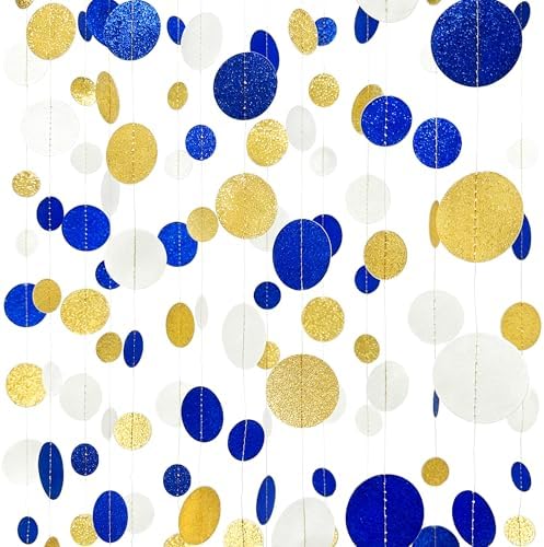 Royal Blue Gold White Party Polka Dot Garland Dark Blue Glitter Gold White Hanging Paper Circle Dots Streamer for Birthday Graduation Wedding Shower Retirement Nautical Party Decorations Supplies - Image 3