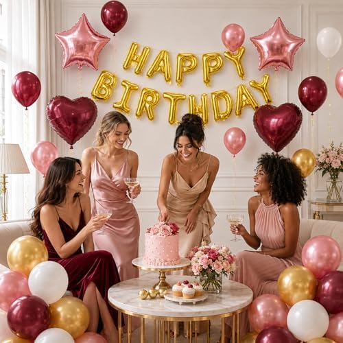 Burgundy Birthday Decorations for Women Burgundy Rose Gold Birthday Balloon - Image 6