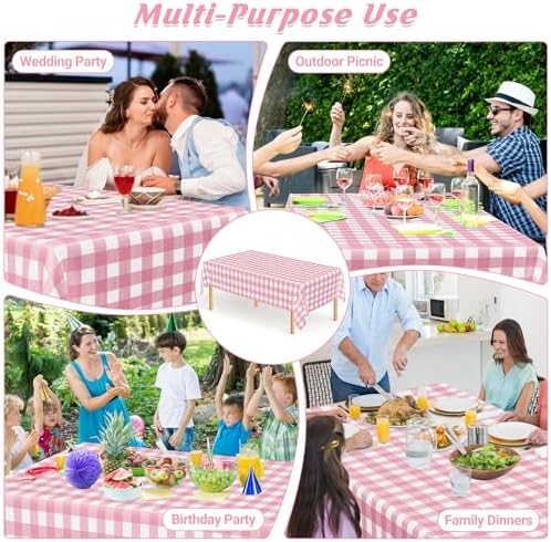 12Pack Table Cloth Rectangle Table, 54" x 108" Plastic Table Cloth Disposable, Waterproof Pink and White Checkered Table Cover for Outdoor Picnic Birthday Party Supplies Gathering BBQ Holiday Dinner - Image 4