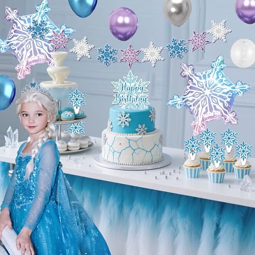 Frozen Birthday Party Decorations For Girls,Happy Birthday Backdrop,Banner,BlueBalloons,Table Cloth,Paper pom poms Party Supplies for Women - Image 4