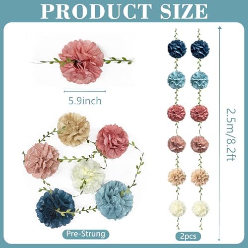Dusty Rose Pink Blue Khaki Beige Tissue Paper Flowers Pom Pom with Leaf Ribbon Hanging Garland Streamer for Birthday Wedding He or She Pink or Blue Themed Party Decorations Supplies - Image 2