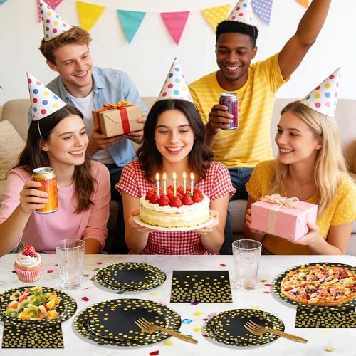 100 Pcs Black and Gold Paper Plates and Napkins Party Supplies,Serves 25 Guests Black Gold Plates and Napkins,Disposable Paper Tableware Set for Birthday Graduation Retirement Decorations - Image 7