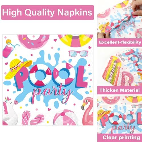Qyeahkj 100 Pcs Summer Pool Party Plates and Napkins Set Pink Swimming Pool Party Decorations Supplies Beach Disposable Paper Tableware Dinnerware Favors Birthday Shower Serves 25 - Image 3