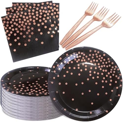 Serve 35 Guests Black and Rose Gold Paper Plates and Napkins Party Supplies by WXLDGHQ