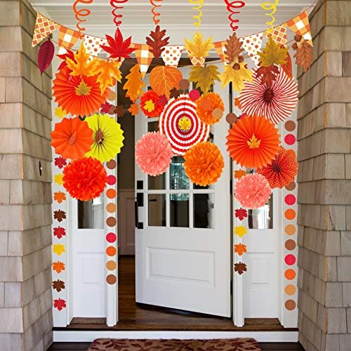 Supla 40 Pack Fall Party Decorations Set – Includes Autumn Hanging Paper Fans Pom Poms Fall Maple Leaves Party Swirls Streamers Fall Banner Backdrop Garland String for Thanksgiving Wedding Birthday - Image 3