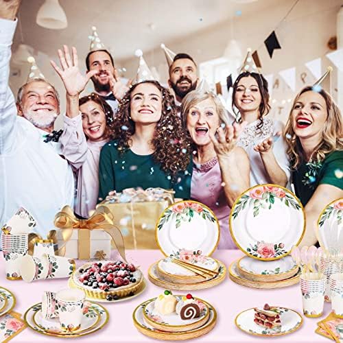 350PCS Floral Paper Plates Set, Disposable Plates With Gold Rim Serve 50 Guests, Party Supplies for Adults Garden Tea Party Bridal Shower Decorations - Image 7