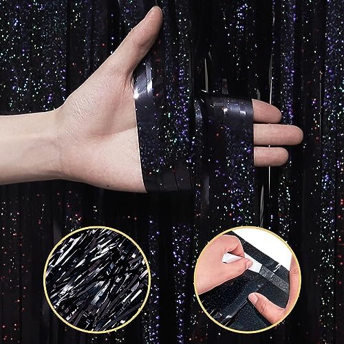 5 Pack Black Foil Curtain Backdrop 3.2ft x 9.8ft Metallic Tinsel Foil Fringe Curtains Streamer Photo Booth Backdrop for Birthday Party Engagement Bachelorette Party Decorations - Sparkle Black - Image 4