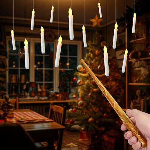 Raycare Floating Candles with Wand, 12 Pcs Magic Hanging Candles Flameless, Flickering Warm Light LED Taper Candle with Wand Remote, Battery Operated Window Candle for Halloween Witch Wizzard Decors by Raycare