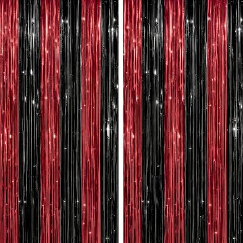 DECOCKRAT 2 Pack Foil Fringe Backdrop - Red&Black Shiny Tinsel Curtains for Party Decoration/Photo Booth Props - 3.3x6.6 FT Metallic Foil Backdrop for Birthday, Wedding, Graduation, Christmas. by DECOCKRAT