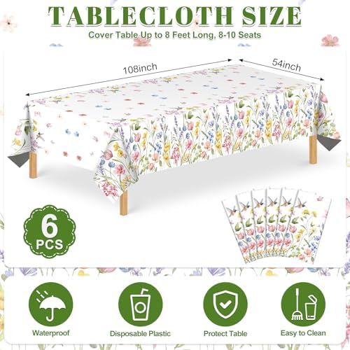 6 Pack Wildflower Plastic Tablecloths, Disposable Tea Party Table Cloth - Image 2