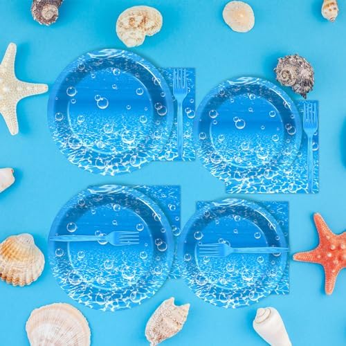 96Pcs Ocean Theme Party Plates and Napkins for Under the Sea Bubbles Birthday Party Supplies Underwater Paper Dessert Cake Plates Ocean Tableware Set for Kids Boys 24 Guests Birthday Party Decorations - Image 4