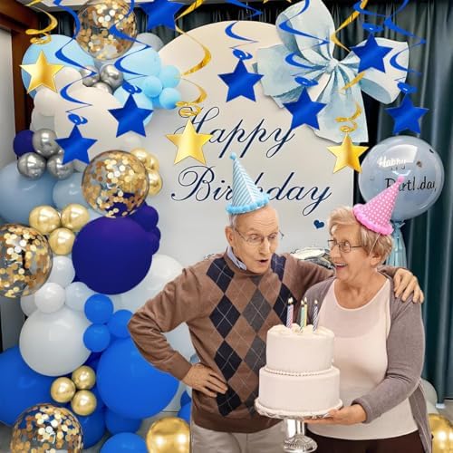 Blue Gold Hanging Swirl Decorations - 32 Pcs Metallic Ceiling Swirls with Foil Stars, Streamers for Graduation 2026, Wedding, Birthday, Nautical Theme, Father's Day, Retirement Party Supplies - Image 7