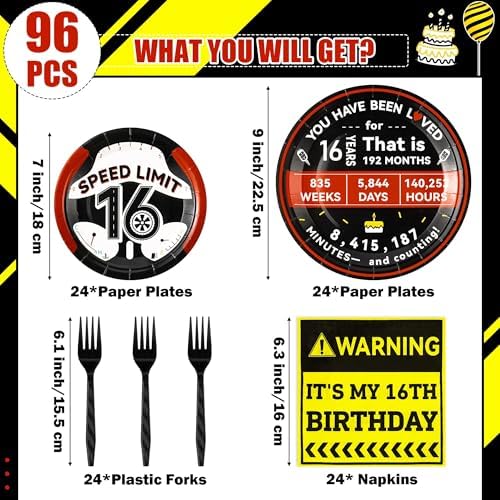 96Pcs 16th Drivers License 16 Years Old Warning Steering Wheel Party Plates Supplies Tableware Decorations Disposable Paper Plates Napkins Forks for Birthday, Serves 24 - Image 2