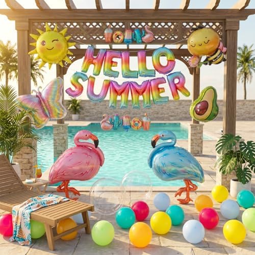 91 PCS "Hello Summer" Foil Balloon Decoration Kit, Tropical Summer Party with Flamingo Bee Butterfly Avocado Mylar Balloons All-in-One Set, Rainbow Letter for Pool Party, Beach Party, Summer Decor - Image 5