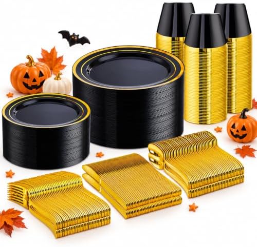 WELLIFE Black and Gold Plates, Plastic Dinnerware Set for 50 Guests by WELLIFE