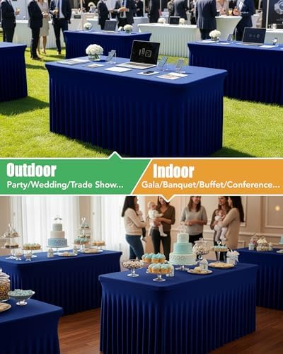 Spandex Table Cover Skirts with Floor-Length Ruffle, 8 ft, Navy, 4 Pack - Image 6