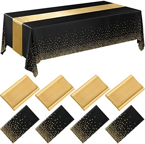 Breling 8 Pack Black and Gold Tablecloths and Satin Runners Set by Breling