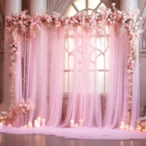 10x8ft Baby Pink Tulle Backdrop Curtain with Lights String for Parites, Sheer Photo Backdrop Drapes for Wedding Backdrop Ceremony Reception Bridal Shower Baby Shower Birthday Party by PartyTalk